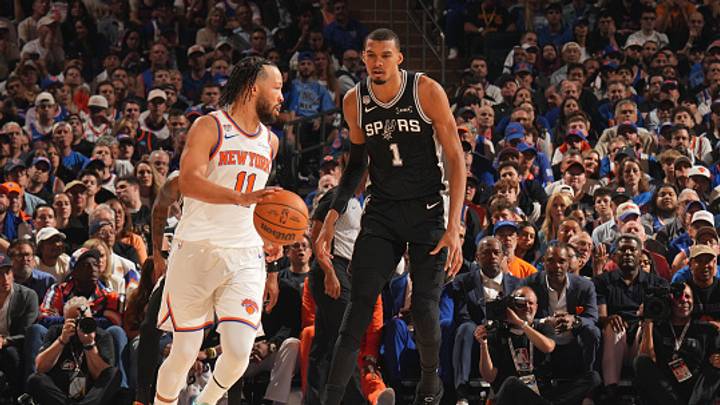Victor Wembanyama got away with a foul on Jalen Brunson early in the Spurs’ Game 3 win over the Knicks. Victor Wembanyama got away with a foul on Jalen Brunson early in the Spurs’ Game 3 win over the Knicks.
