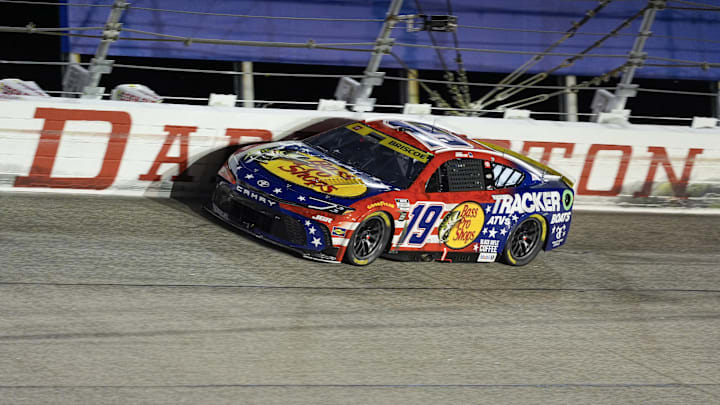 Aug 31, 2025; Darlington, South Carolina, USA;  NASCAR Cup Series driver Chase Briscoe (19) drives out of turn one during the Cookouts Southern 500 at Darlington Raceway.