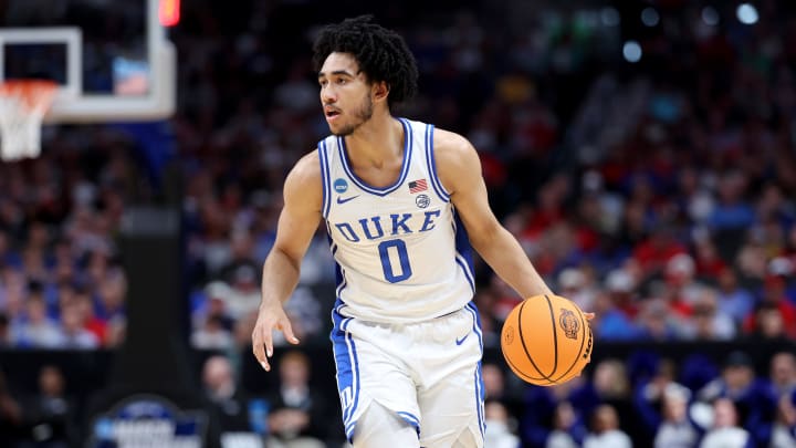 Mar 31, 2024; Dallas, TX, USA; Duke Blue Devils guard Jared McCain (0) controls the ball in the first half against the North Carolina State Wolfpack in the finals of the South Regional of the 2024 NCAA Tournament at American Airline Center. Mandatory Credit: Kevin Jairaj-USA TODAY Sports