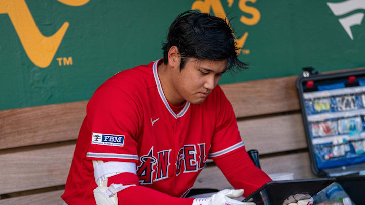 Sep 1, 2023; Oakland, California, USA;  Los Angeles Angels designated hitter Shohei Ohtani looks at