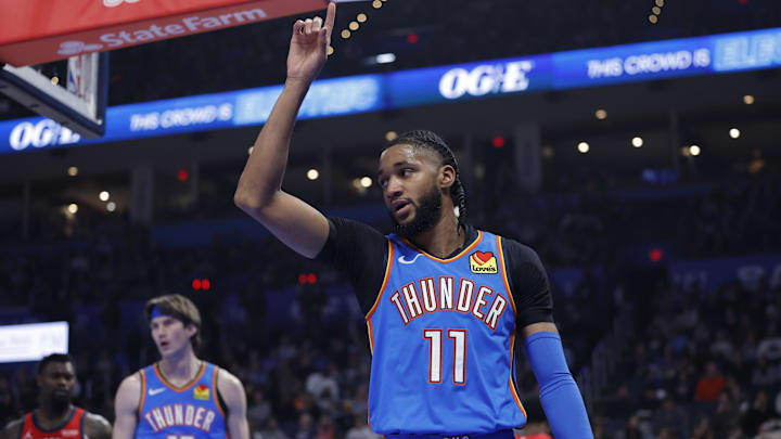 Jan 27, 2026; Oklahoma City, Oklahoma, USA; Oklahoma City Thunder guard Isaiah Joe (11) gestures after a play against the New Orleans Pelicans during the second quarter at Paycom Center. Mandatory Credit: Alonzo Adams-Imagn Images