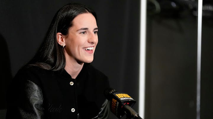 Caitlin Clark speaks to the media before the Iowa women’s bakset ball game against USC and her jersey retirement Sunday, Feb. 2, 2025 at Carver-Hawkeye Arena in Iowa City, Iowa.