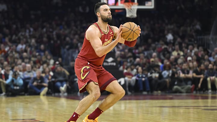 Jan 3, 2024; Cleveland, Ohio, USA; Cleveland Cavaliers guard Max Strus (1) shoots a three-point basket in the second quarter against the Washington Wizards at Rocket Mortgage FieldHouse. Mandatory Credit: David Richard-Imagn Images