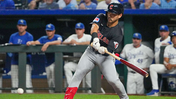 Sep 4, 2024; Kansas City, Missouri, USA; Cleveland Guardians left fielder Steven Kwan (38) at bat against the Kansas City Royals in the eight inning at Kauffman Stadium. Sep 4, 2024; Kansas City, Missouri, USA; Cleveland Guardians left fielder Steven Kwan (38) at bat against the Kansas City Royals in the eight inning at Kauffman Stadium.