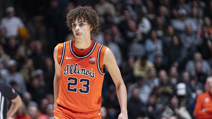 Jan 24, 2026; West Lafayette, Indiana, USA; Illinois Fighting Illini guard Keaton Wagler (23) looks at his teammate during the second half against the Purdue Boilermakers at Mackey Arena. Mandatory Credit: Jacob Musselman-Imagn Images