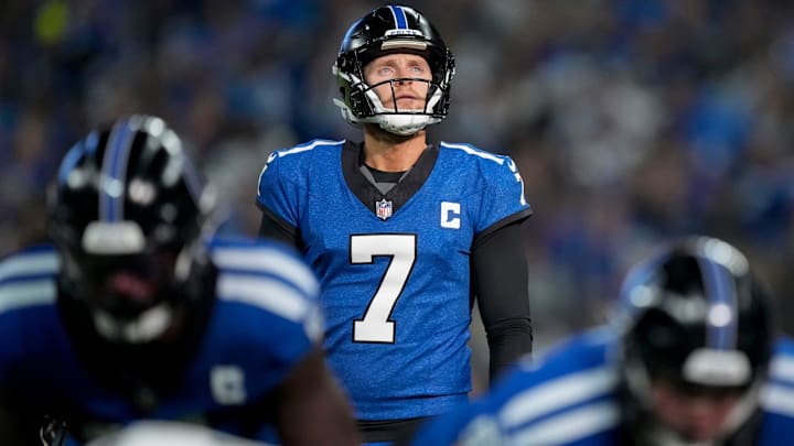 Indianapolis Colts place kicker Matt Gay (7) looks up toward the goal posts Sunday, Nov. 24, 2024, during a game against the Detroit Lions at Lucas Oil Stadium in Indianapolis. Indianapolis Colts place kicker Matt Gay (7) looks up toward the goal posts Sunday, Nov. 24, 2024, during a game against the Detroit Lions at Lucas Oil Stadium in Indianapolis.