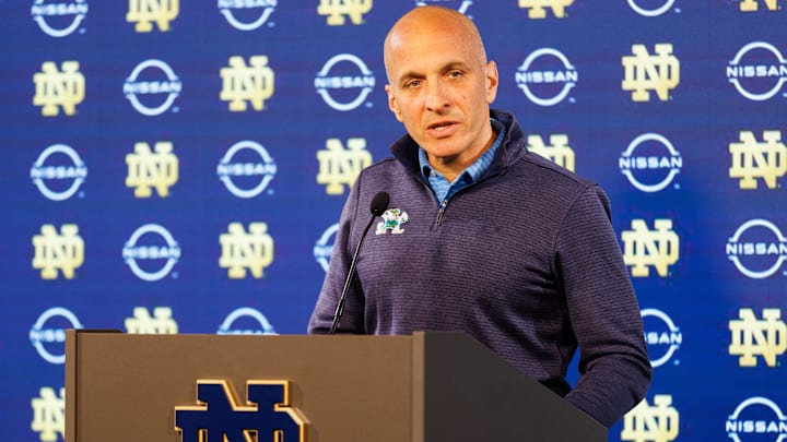 Pete Bevacqua, athletic director for the University of Notre Dame, announces Pat Garrity as the new men's and women's basketball general manager, during a press conference at Notre Dame Stadium on Thursday, May 22, 2025, in South Bend.