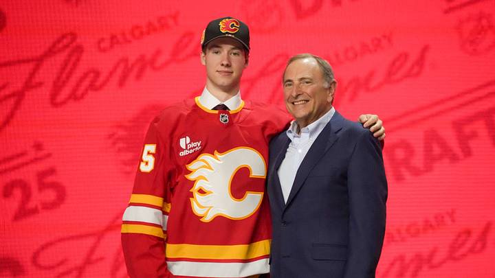 Jun 27, 2025; Los Angeles, California, USA; Cullen Potter is selected as the 32nd overall pick to the Calgary Flames in the first round of the 2025 NHL Draft at Peacock Theater. Mandatory Credit: Kirby Lee-Imagn Images
