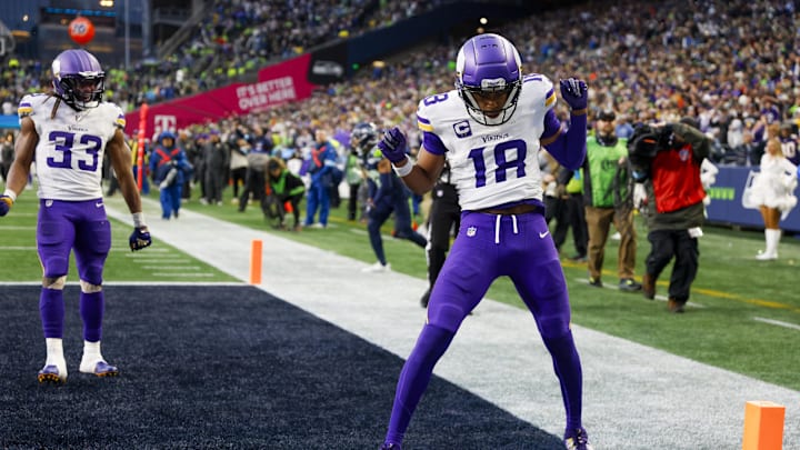 Justin Jefferson celebrates after catching a touchdown pass against the Seattle Seahawks.