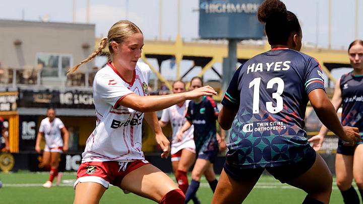 Pittsburgh Riveters forward Anna Korney, a DuBois High School student, attempts to take the ball from Minesota Aurora defender Camber Hayes Friday afternoon during a USL W Conference semifinal at Highmark Stadium. Pittsburgh Riveters forward Anna Korney, a DuBois High School student, attempts to take the ball from Minesota Aurora defender Camber Hayes Friday afternoon during a USL W Conference semifinal at Highmark Stadium.