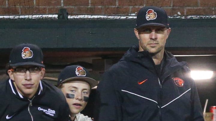 Oregon State head coach Mitch Canham watches his team compete against Xavier during an NCAA college baseball game at Goss Stadium on Friday, March 6, 2026, in Corvallis, Ore.