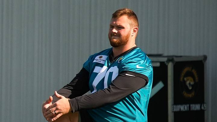 Jacksonville Jaguars offensive tackle Cole van Lanen (70) stretches during the Jaguars final Organized Team Activity on Monday, June 15, 2026 at the Miller Electric Center in Jacksonville, Fla. 