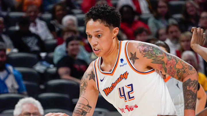 The Phoenix Mercury's Brittney Griner (42) drives to the hoop during the a game between the Indiana Fever and Phoenix Mercury, on Sunday, June 11, 2023, at Gainbridge Fieldhouse in Indianapolis.