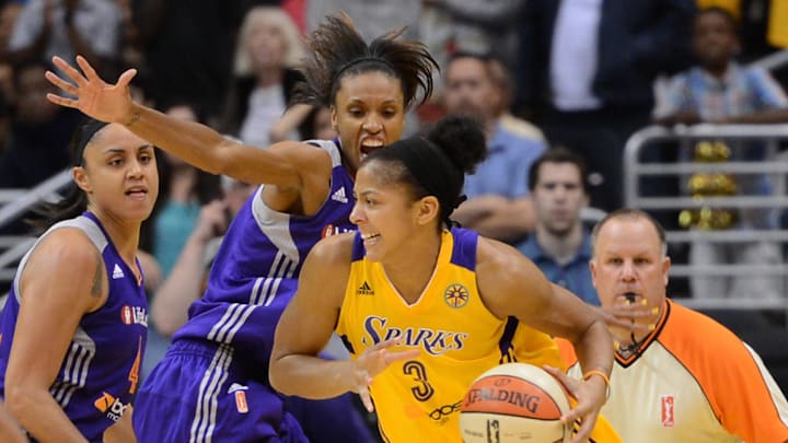 Sep 23, 2013; Los Angeles, CA, USA;  Los Angeles Sparks center Candace Parker (3) can't get off a shot as Phoenix Mercury guard Dewanna Bonner (24) and Phoenix Mercury forward Candice Dupree (4) apply pressure in the fourth quarter of game three of the Western Conference Semi-Finals at the Staples Center. Phoenix won 78-77.  Mandatory Credit: Jayne Kamin-Oncea-Imagn Images