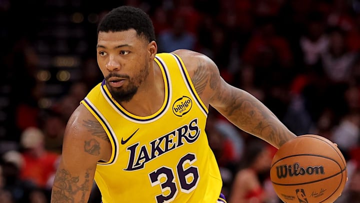 May 1, 2026; Houston, Texas, USA; Los Angeles Lakers guard Marcus Smart (36) handles the ball against the Houston Rockets during the fourth quarter of game six of the first round of the 2026 NBA Playoffs at Toyota Center. Mandatory Credit: Erik Williams-Imagn Images