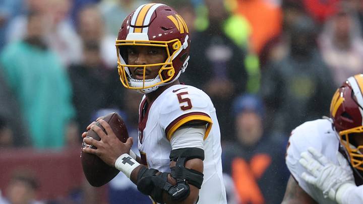 Oct 11, 2026; Landover, Maryland, USA; Washington Commanders quarterback Jayden Daniels (5) drops back to pass against the New York Giants at Northwest Stadium. Mandatory Credit: Geoff Burke-Imagn Images Oct 11, 2026; Landover, Maryland, USA; Washington Commanders quarterback Jayden Daniels (5) drops back to pass against the New York Giants at Northwest Stadium. Mandatory Credit: Geoff Burke-Imagn Images