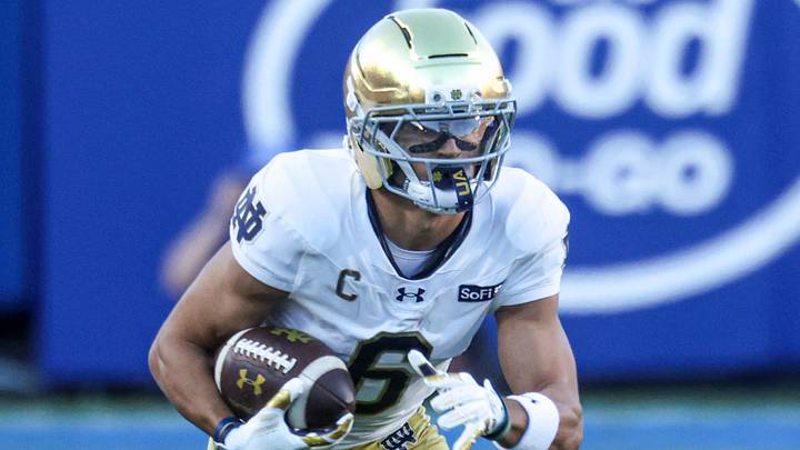 Oct 17, 2026; Provo, Utah, USA; Notre Dame Fighting Irish wide receiver Jordan Faison (6) runs after a catch against the Brigham Young Cougars during the first half at LaVell Edwards Stadium. Oct 17, 2026; Provo, Utah, USA; Notre Dame Fighting Irish wide receiver Jordan Faison (6) runs after a catch against the Brigham Young Cougars during the first half at LaVell Edwards Stadium.