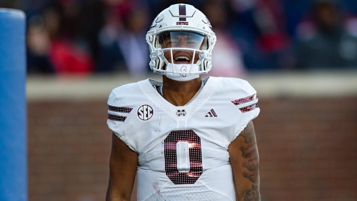 Mississippi State's quarterback Michael Van Buren Jr. (0) celebrates scoring a touchdown during the Egg Bowl game against Mississippi at Vaught-Hemingway Stadium on Friday, Nov. 29, 2024. Mississippi State's quarterback Michael Van Buren Jr. (0) celebrates scoring a touchdown during the Egg Bowl game against Mississippi at Vaught-Hemingway Stadium on Friday, Nov. 29, 2024.