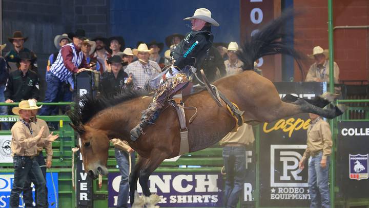 Carson Hildre rode for 83.25 points in the short go to finish tied with two other bareback riders and earn a shared CNFR title. Carson Hildre rode for 83.25 points in the short go to finish tied with two other bareback riders and earn a shared CNFR title.