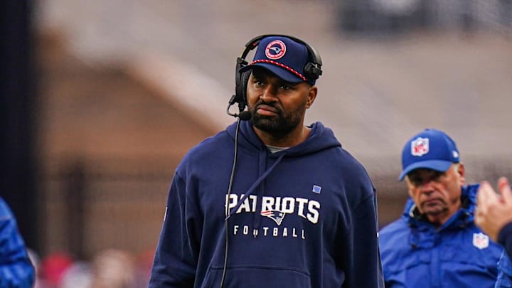 Dec 28, 2024; Foxborough, Massachusetts, USA; New England Patriots head coach Jerod Mayo watches from the sideline as they take on the Los Angeles Chargers at Gillette Stadium. Mandatory Credit: David Butler II-Imagn Images