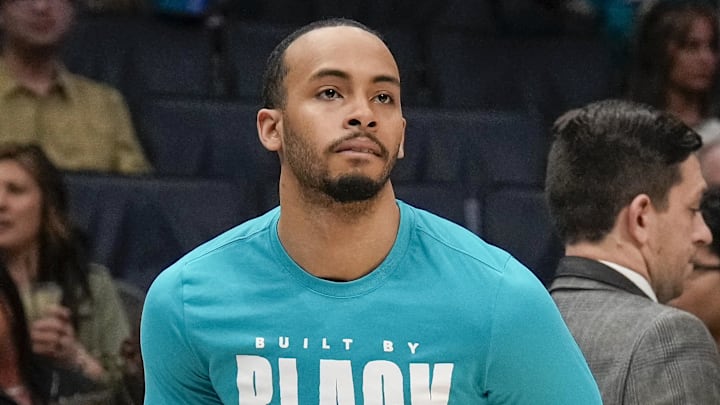 Feb 10, 2024; Charlotte, North Carolina, USA; Charlotte Hornets guard Amari Bailey (10) during warm ups before the first quarter against the Memphis Grizzlies at Spectrum Center. Mandatory Credit: Jim Dedmon-Imagn Images
