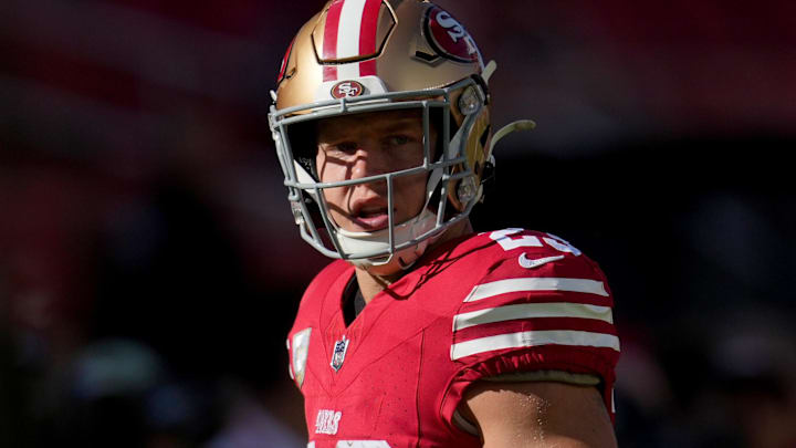 Nov 9, 2025; Santa Clara, California, USA; San Francisco 49ers running back Christian McCaffrey (23) walks on the field prior to the game against the Los Angeles Rams at Levi's Stadium. 