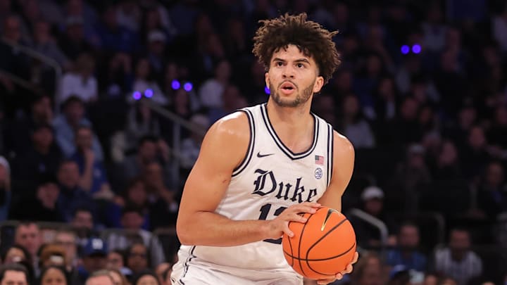 Dec 20, 2025; New York, New York, USA; Duke Blue Devils forward Cameron Boozer (12) looks to shoot the ball against the Texas Tech Red Raiders during the first half at Madison Square Garden. Mandatory Credit: Brad Penner-Imagn Images