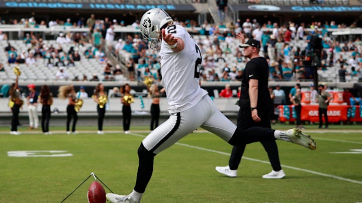 Las Vegas Raiders place kicker Daniel Carlson (2) warms up before of a regular season NFL football matchup Sunday, Nov. 6, 2022 at TIAA Bank Field in Jacksonville. The Jacksonville Jaguars held off the Las Vegas Raiders 27-20. [Corey Perrine/Florida Times-Union]

Jki 110622 Raiders Jags Cp 98