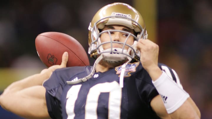 Jan 3, 2007; New Orleans, LA, USA; Notre Dame Fighting Irish quarterback (10) Brady Quinn warms up before playing the Louisiana State Tigers in the Sugar Bowl at the Louisiana Superdome in New Orleans, Louisiana. Mandatory Credit: John David Mercer-Imagn Images Copyright © 2007 John David Mercer