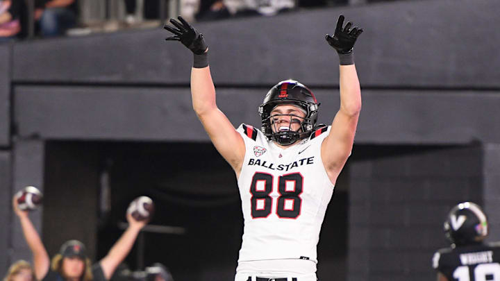 Oct 19, 2024; Nashville, Tennessee, USA;  Ball State Cardinals tight end Tanner Koziol (88) celebrates his touchdown with tight end Christian Abney (87) against the Vanderbilt Commodores during the second half at FirstBank Stadium. Mandatory Credit: Steve Roberts-Imagn Images
