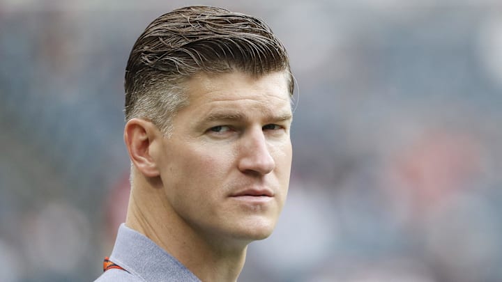 Aug 27, 2016; Chicago, IL, USA; Chicago Bears general manager Ryan Pace looks on from the sidelines before the preseason game against the Kansas City Chiefs at Soldier Field. Mandatory Credit: Kamil Krzaczynski-Imagn Images