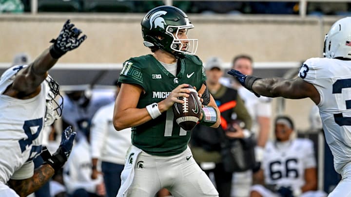 Michigan State's Alessio Milivojevic looks to throw against Penn State during the second quarter on Saturday, Nov. 15, 2025, at Spartan Stadium in East Lansing.