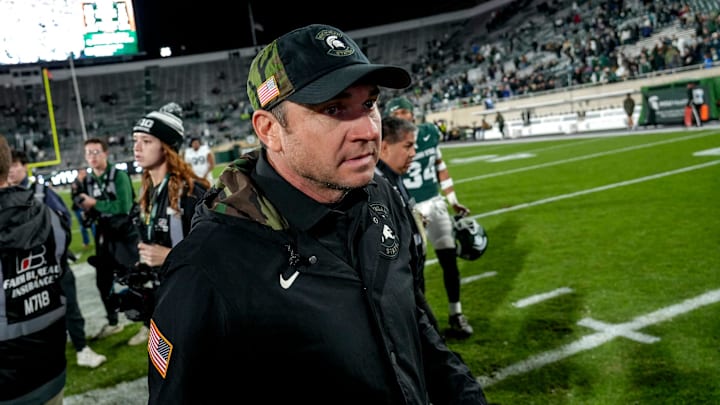 Michigan State's head coach Jonathan Smith leaves the field after the game against Penn State after the game on Saturday, Nov. 15, 2025, at Spartan Stadium in East Lansing.