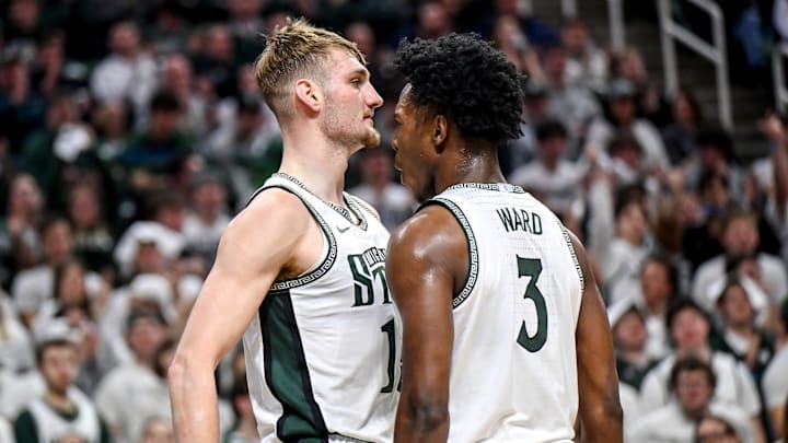 Michigan State's Carson Cooper, left, celebrates after sorting and drawing a UCLA with teammate Cam Ward during the first half on Tuesday, Feb. 17, 2026, at the Breslin Center in East Lansing. Michigan State's Carson Cooper, left, celebrates after sorting and drawing a UCLA with teammate Cam Ward during the first half on Tuesday, Feb. 17, 2026, at the Breslin Center in East Lansing.
