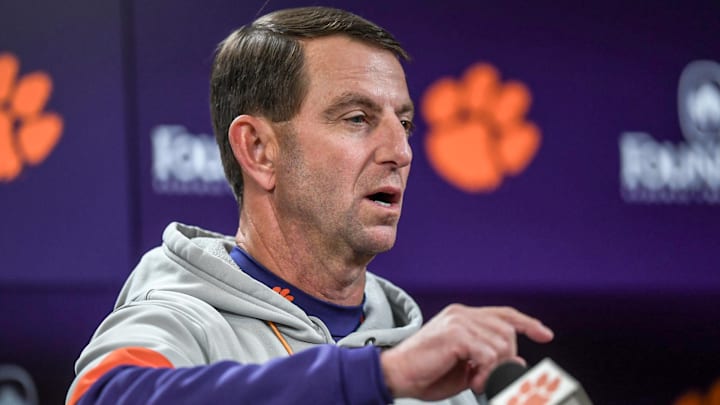 Clemson football Coach Dabo Swinney talks about the early period National Signing Day players coming to Clemson, at the Smart Family Media Center Wednesday, December 4, 2024 in Clemson, South Carolina. Clemson football Coach Dabo Swinney talks about the early period National Signing Day players coming to Clemson, at the Smart Family Media Center Wednesday, December 4, 2024 in Clemson, South Carolina.