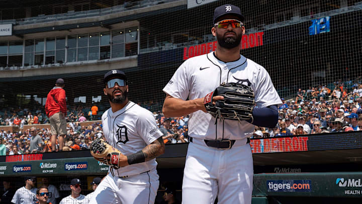 Detroit Tigers second baseman Gleyber Torres, left, (25) takes the field alongside left fielder Riley Greene Detroit Tigers second baseman Gleyber Torres, left, (25) takes the field alongside left fielder Riley Greene