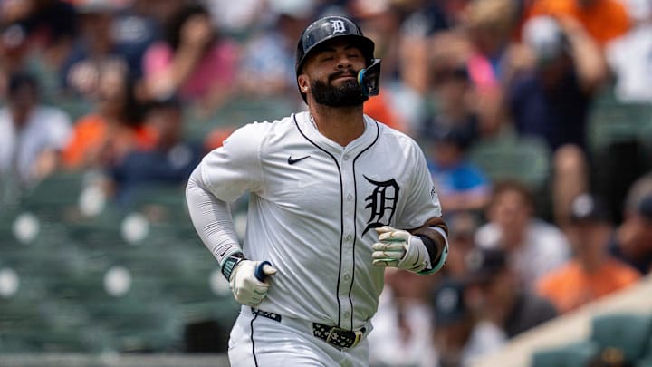 Detroit Tigers second baseman Gleyber Torres walks toward the dugout after getting out at first base against the Athletics at Comerica Park in Detroit on Thursday, June 26, 2025.