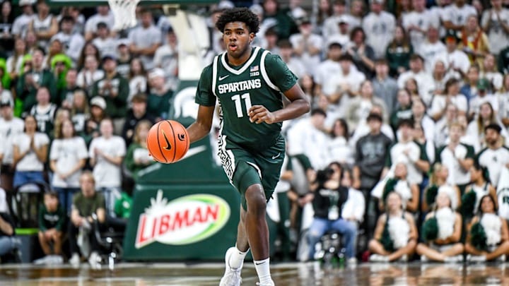 Michigan State's Jase Richardson moves the ball against Niagara during the first half on Thursday, Nov. 7, 2024, at the Breslin Center in East Lansing. Michigan State's Jase Richardson moves the ball against Niagara during the first half on Thursday, Nov. 7, 2024, at the Breslin Center in East Lansing.