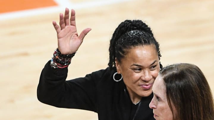 South Carolina Coach Dawn Staley waves to fans after the game with Clemson at Littlejohn Coliseum Wednesday, November 20, 2024; Clemson, SC, USA. South Carolina Coach Dawn Staley waves to fans after the game with Clemson at Littlejohn Coliseum Wednesday, November 20, 2024; Clemson, SC, USA.