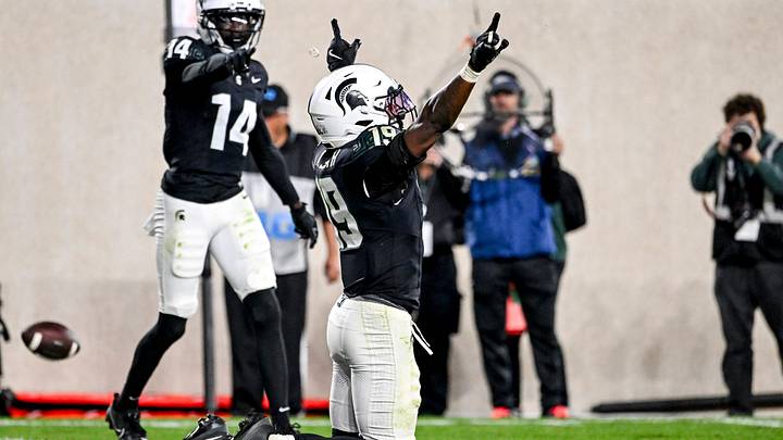Michigan State's Armorion Smith celebrates after breaking up a pass in the end zone during the second overtime in the game against Boston College on Saturday, Sept. 6, 2025, at Spartan Stadium in East Lansing.