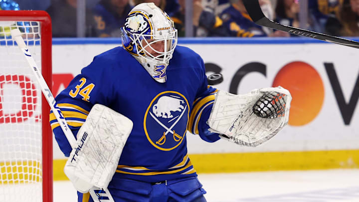 May 8, 2026; Buffalo, New York, USA; Buffalo Sabres goaltender Alex Lyon (34) makes a save during the third period against the Montréal Canadiens in game two of the second round of the 2026 Stanley Cup Playoffs at KeyBank Center. Mandatory Credit: Timothy T. Ludwig-Imagn Images