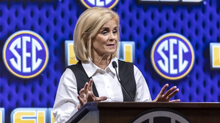 Oct 16, 2024; Birmingham, AL, USA; LSU Tigers head coach Kim Mulkey talks with the media during SEC Media Days at Grand Bohemian Hotel. Mandatory Credit: Vasha Hunt-Imagn Images Oct 16, 2024; Birmingham, AL, USA; LSU Tigers head coach Kim Mulkey talks with the media during SEC Media Days at Grand Bohemian Hotel. Mandatory Credit: Vasha Hunt-Imagn Images
