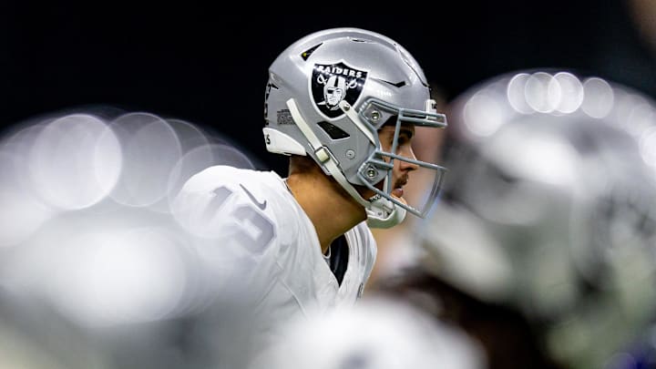 Dec 29, 2024; New Orleans, Louisiana, USA; Las Vegas Raiders quarterback Aidan O'Connell (12) calls for the ball against the New Orleans Saints during the first half at Caesars Superdome. Mandatory Credit: Stephen Lew-Imagn Images Dec 29, 2024; New Orleans, Louisiana, USA; Las Vegas Raiders quarterback Aidan O'Connell (12) calls for the ball against the New Orleans Saints during the first half at Caesars Superdome. Mandatory Credit: Stephen Lew-Imagn Images