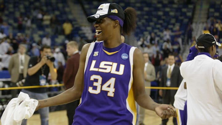 Mar 31, 2008; New Orleans, LA, USA; LSU Tigers center Sylvia Fowles celebrates the Tigers victory over the North Carolina Tar Heels during the New Orleans regional final game of the 2008 NCAA Womens Division I Basketball Championship at New Orleans Arena. LSU defeated North Carolina 56-50. Mandatory Credit: Crystal LoGiudice-Imagn Images Mar 31, 2008; New Orleans, LA, USA; LSU Tigers center Sylvia Fowles celebrates the Tigers victory over the North Carolina Tar Heels during the New Orleans regional final game of the 2008 NCAA Womens Division I Basketball Championship at New Orleans Arena. LSU defeated North Carolina 56-50. Mandatory Credit: Crystal LoGiudice-Imagn Images