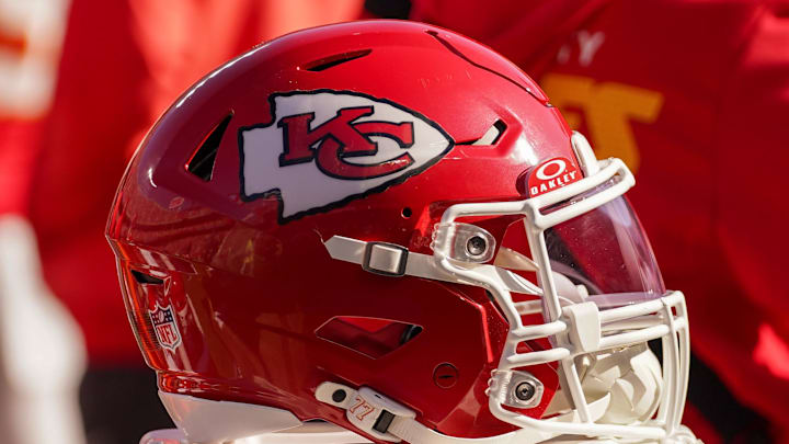 Nov 23, 2025; Kansas City, Missouri, USA; A general view of a Kansas City Chiefs helmet during the game against the Indianapolis Colts at GEHA Field at Arrowhead Stadium. Mandatory Credit: Denny Medley-Imagn Images