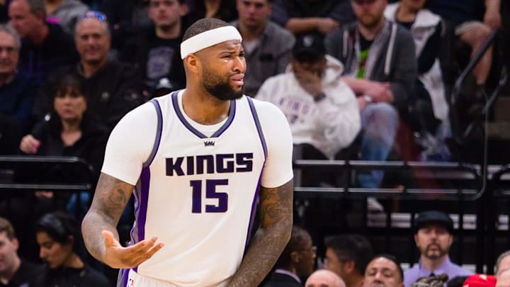 Feb 12, 2017; Sacramento, CA, USA; Sacramento Kings forward DeMarcus Cousins (15) reacts after being fouled by New Orleans Pelicans guard Buddy Hield (not pictured) during the second quarter at Golden 1 Center. 