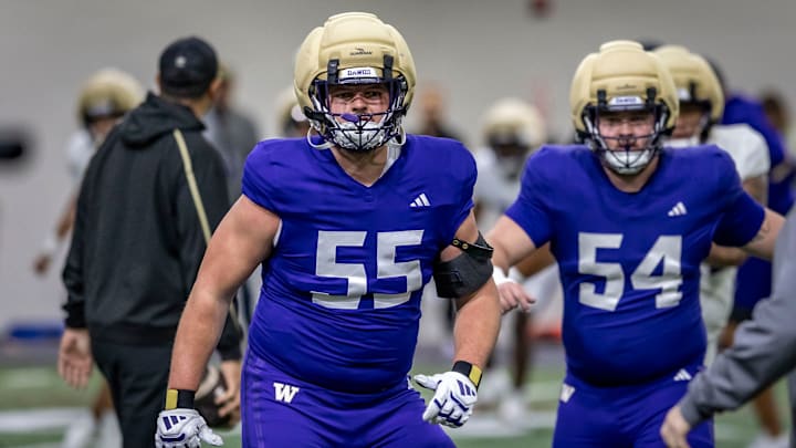Offensive lineman Kolt Dieterich (55) has been limited in his spring practice involvement by some sort of injury.