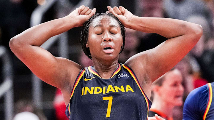 Indiana Fever Aliyah Boston (7) reacts after missing a basket Saturday, May 3, 2025, during a preseason game between the Indiana Fever and the Washington Mystics at Gainbridge Fieldhouse in Indianapolis. The Indiana Fever defeated the Washington Mystics in overtime, 79-74.