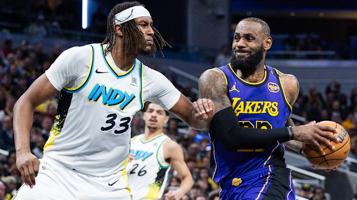 Los Angeles Lakers forward LeBron James (23) shoots the ball while Indiana Pacers center Myles Turner (33) defends in the second half at Gainbridge Fieldhouse.