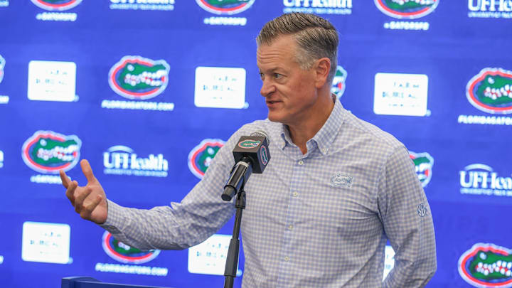 University of Florida athletic director Scott Stricklin addresses the media in a press conference on Oct. 20, 2025.